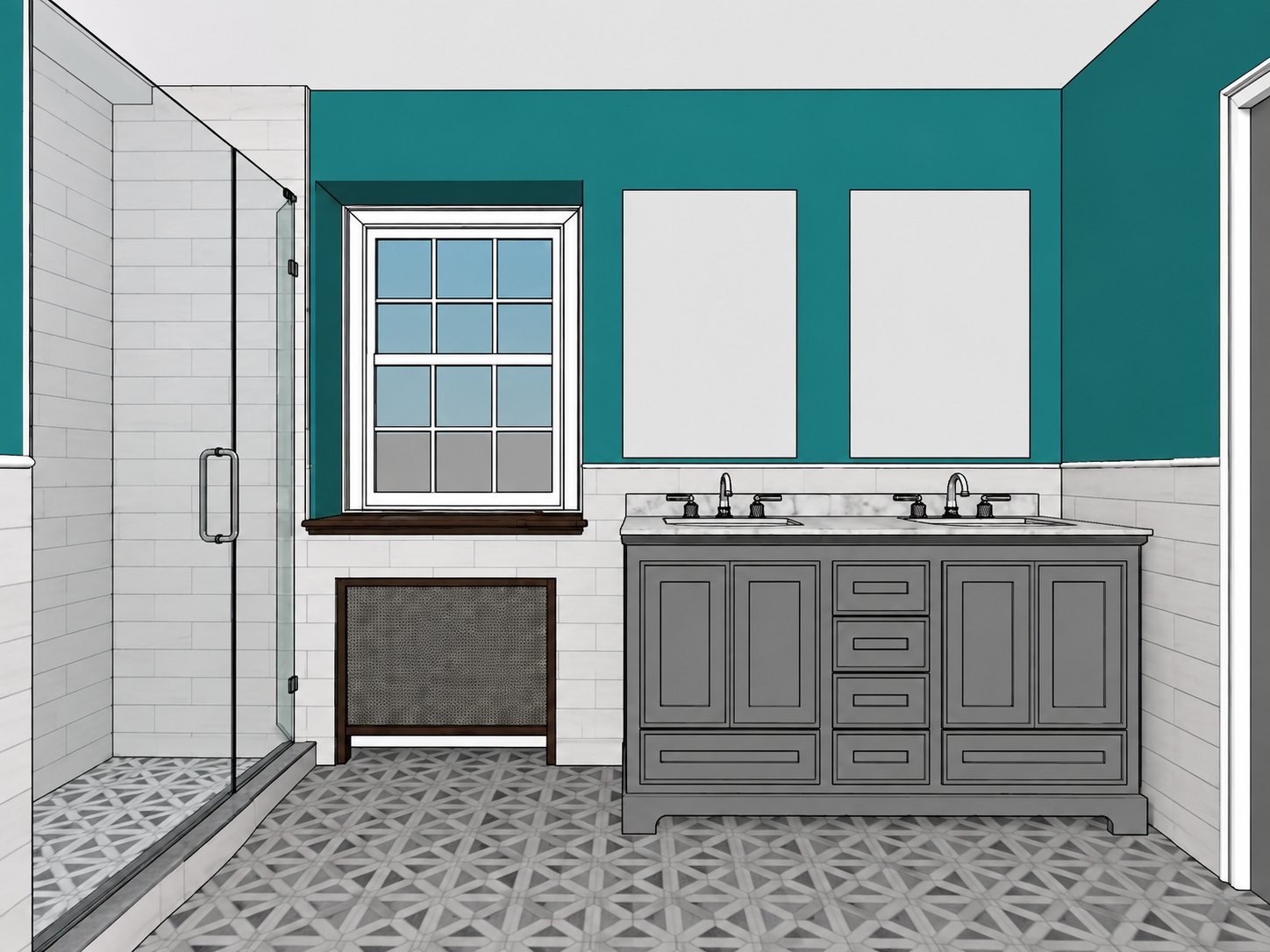 Adjusted architectural model view of the window, shower and vanity wall with a ceiling plane