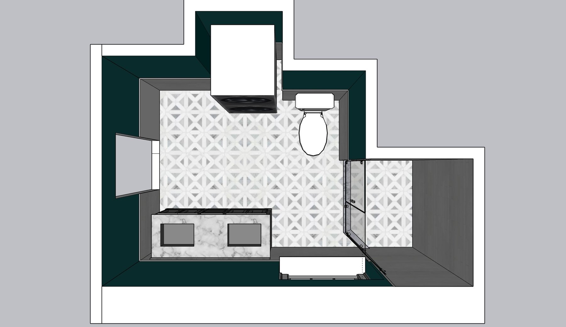Top-down computer model of the primary bathroom layout