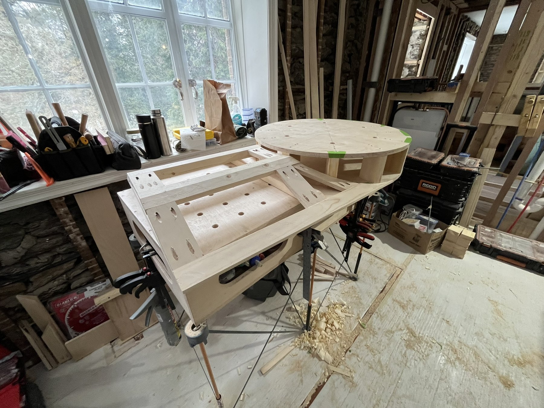 Fabricated curved and rectangular ceiling framing assembly in the workshop